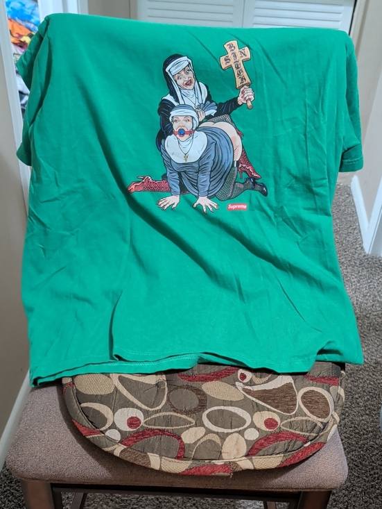 Supreme Other - Supreme Green T-Shirt with Nun Graphic and Red Logo